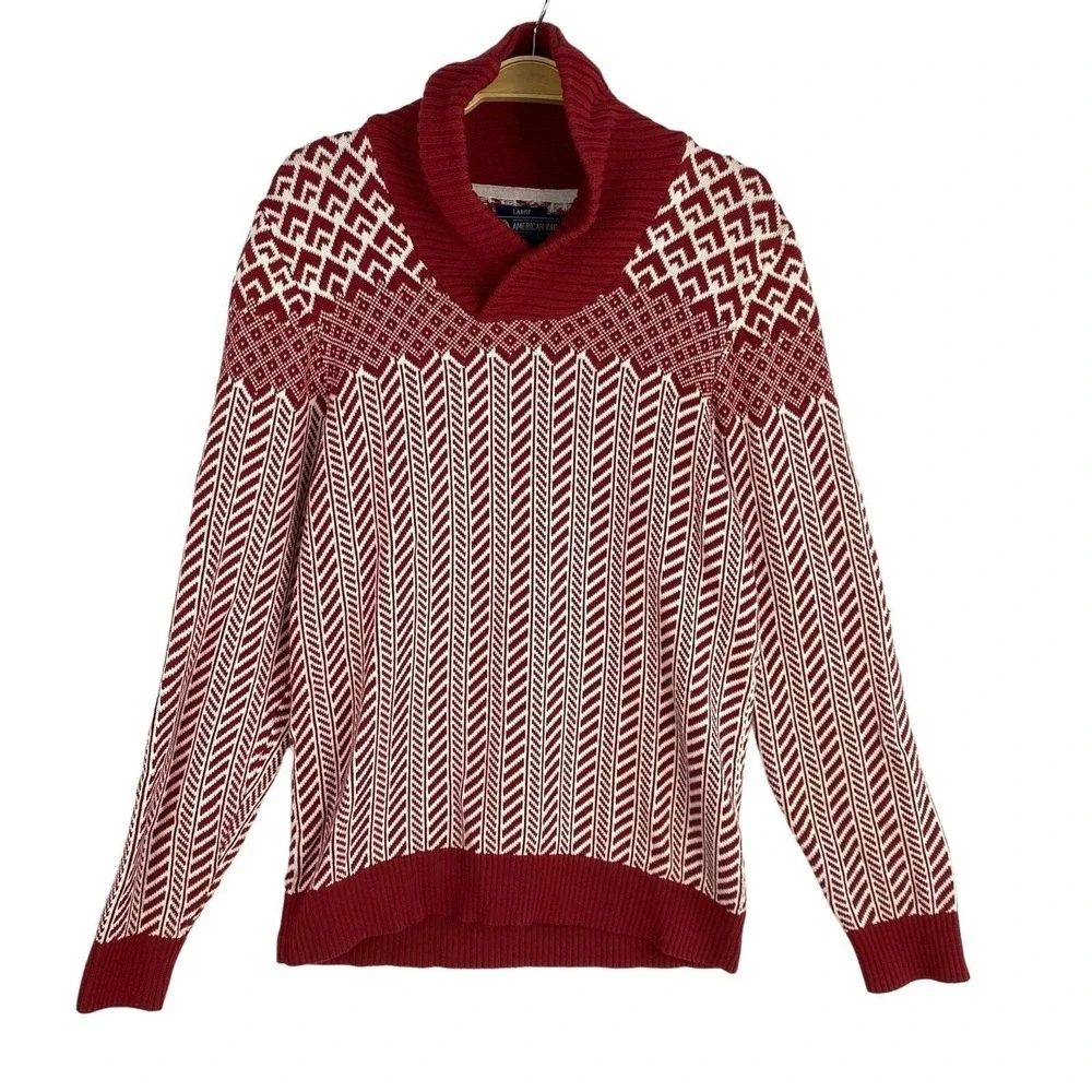 70s Style American Rag Men's Shawl Collar Sweater Men L Red Herringbone Grandpa